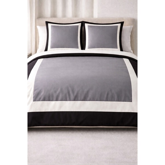 Frette King Duvet Cover & Euro Sham Set Grey Black White Luxury Bedding NWOT